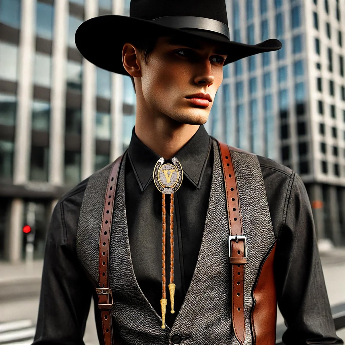HLYMPONY Bolo tie for Men Western Cowboy Brown Leather Necktie Gold Initial Letter ABCDJMR to Z Bolo ties for Women (V)