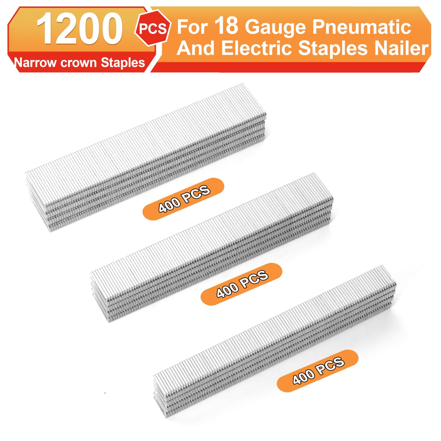 Korantek 18 Gauge 1/4" Narrow Crown Staples,18GA Nail Gun Nails Assorted, Suitable for Most Brand of 18 Gauge Pneumatic and Electric Stapler Nailer (1/2",3/4",1",1200-Pack)