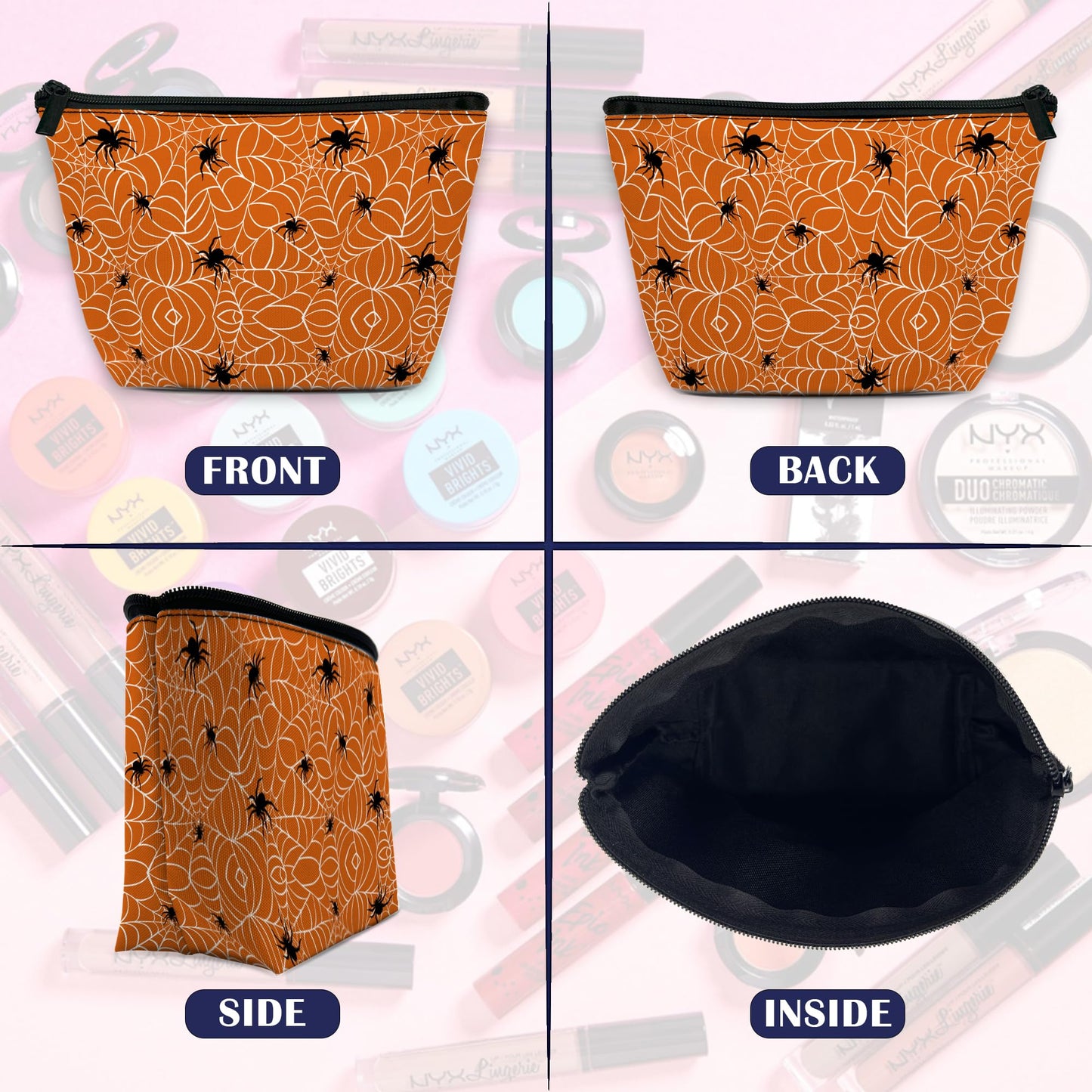 DEMACYA Spiders Makeup Bag for Purse, Waterproof Funny Cosmetic Bag for Women, Zipper Travel Toiletry Pouch with Webs Black Gift 9.5×5.9 Inch