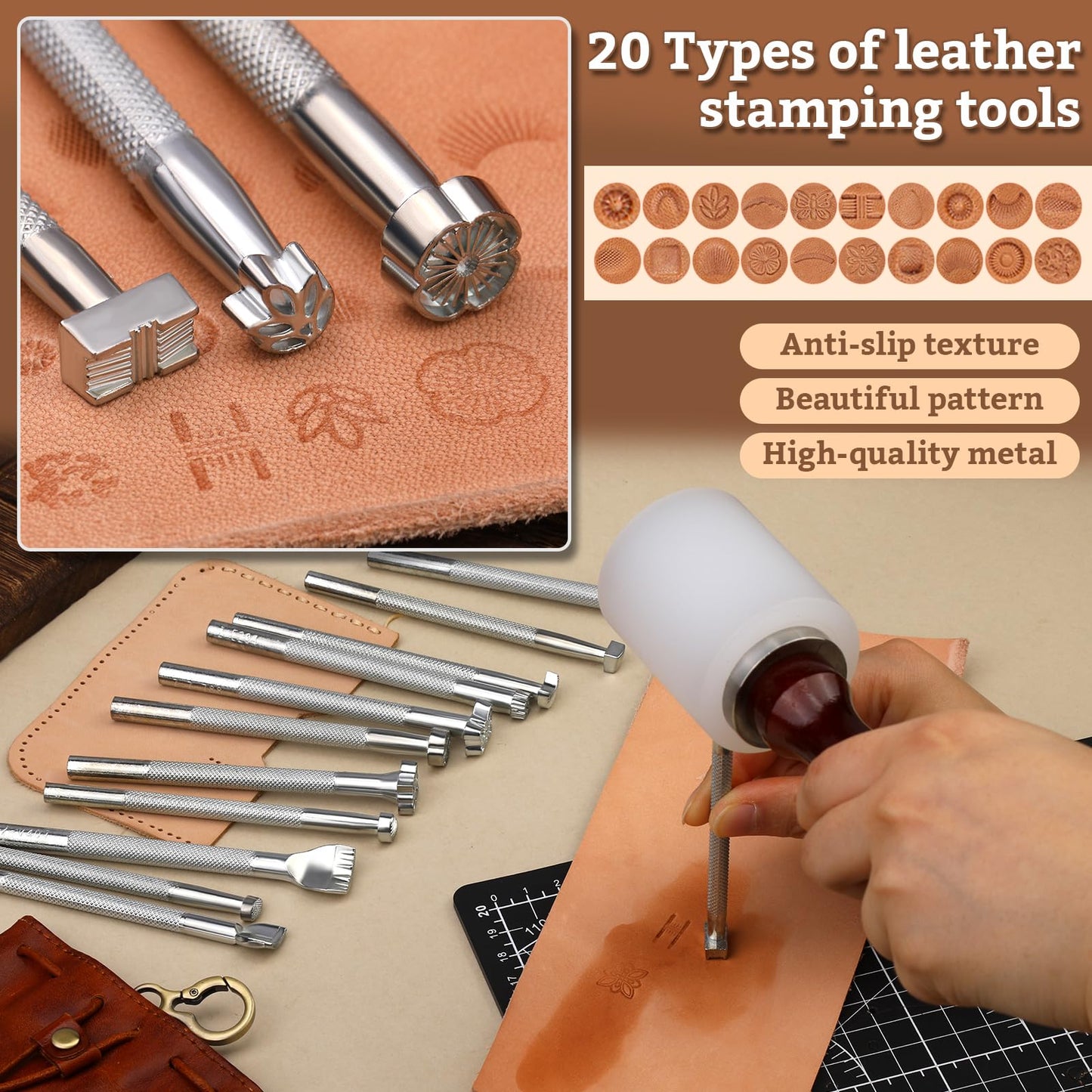 Leather Stamping Tools, Leather Carving Set, Working Kit for Beginners with Wood Burning Kit, Stamp Punch Set and Adjustable Swivel Knife, Carving Working Saddle Making