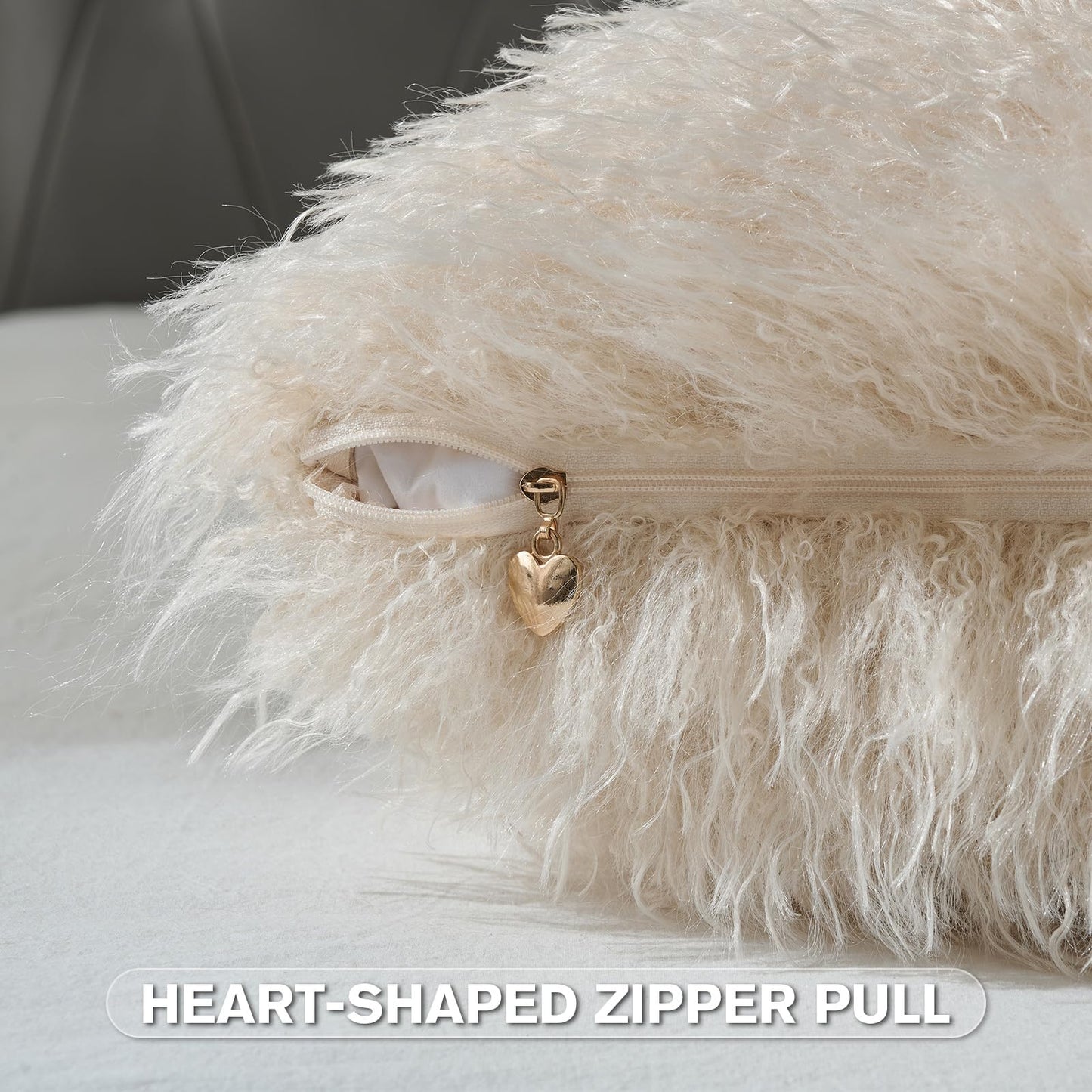 FUTEI Pack of 2 Shaggy Mongolian Faux Wool Throw Pillow Covers 18x18 Inch Soft Fluffy Farmhouse Decorative Cushion Case for Couch Bed Living Room, Beige