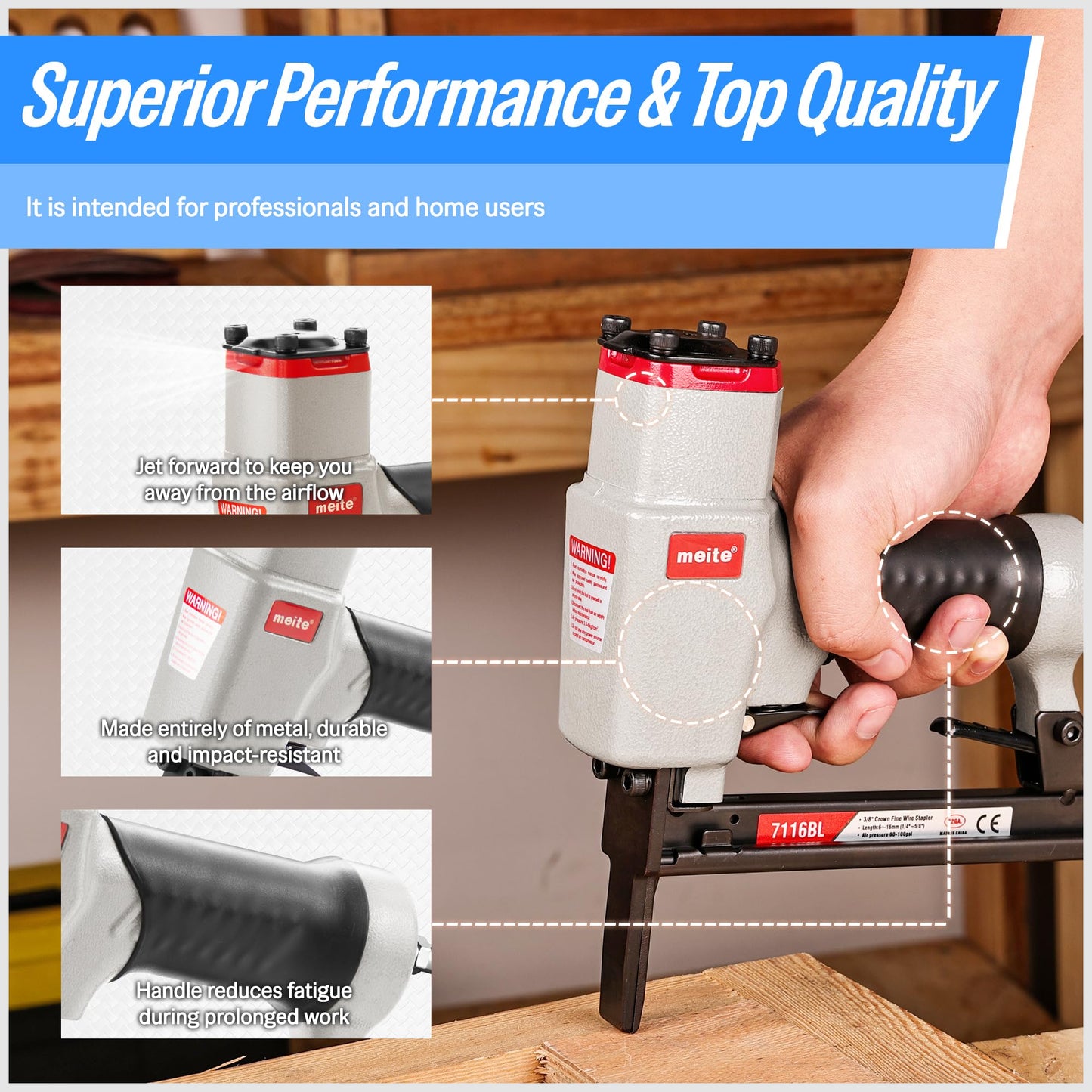 meite 7116BL Pneumatic Upholstery Stapler with Long Nose-1/4-Inch to 5/8-Inch 22 Gauge 3/8'' Crown Fine Wire Stapler