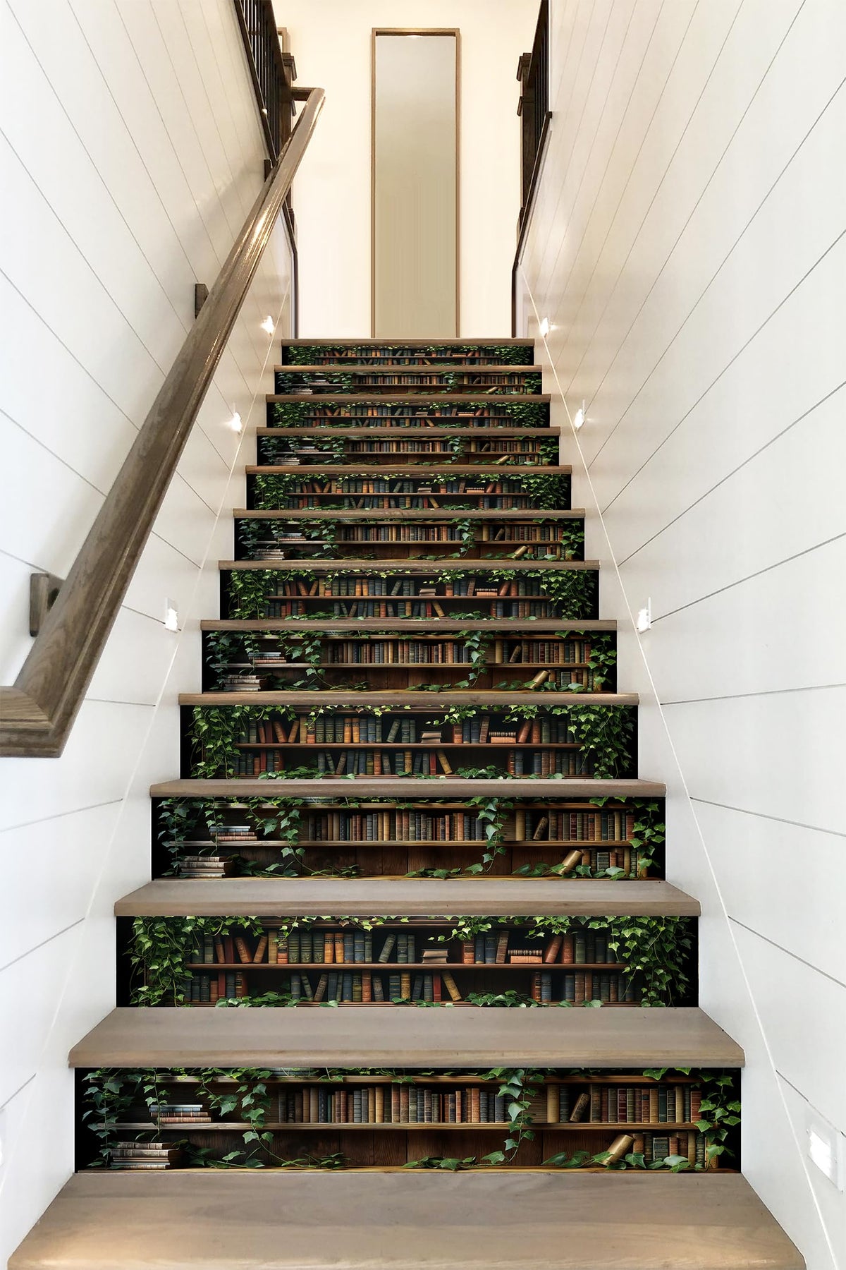AMAZING WALL Botanical Stair Riser Stickers, Green Plants Library Bookshelf Design, Peel and Stick, Removable, Set of 12, Nature-Inspired Decor