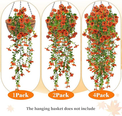 Artificial Flowers for Fall Decor, Artificial Hanging Flowers for Outdoors, 4pcs Realistic Faux Daisy Baskets Fake Plants, Autumn Leaves for Thanksgiving Garden Front Porch Courtyard Patio (Orange)