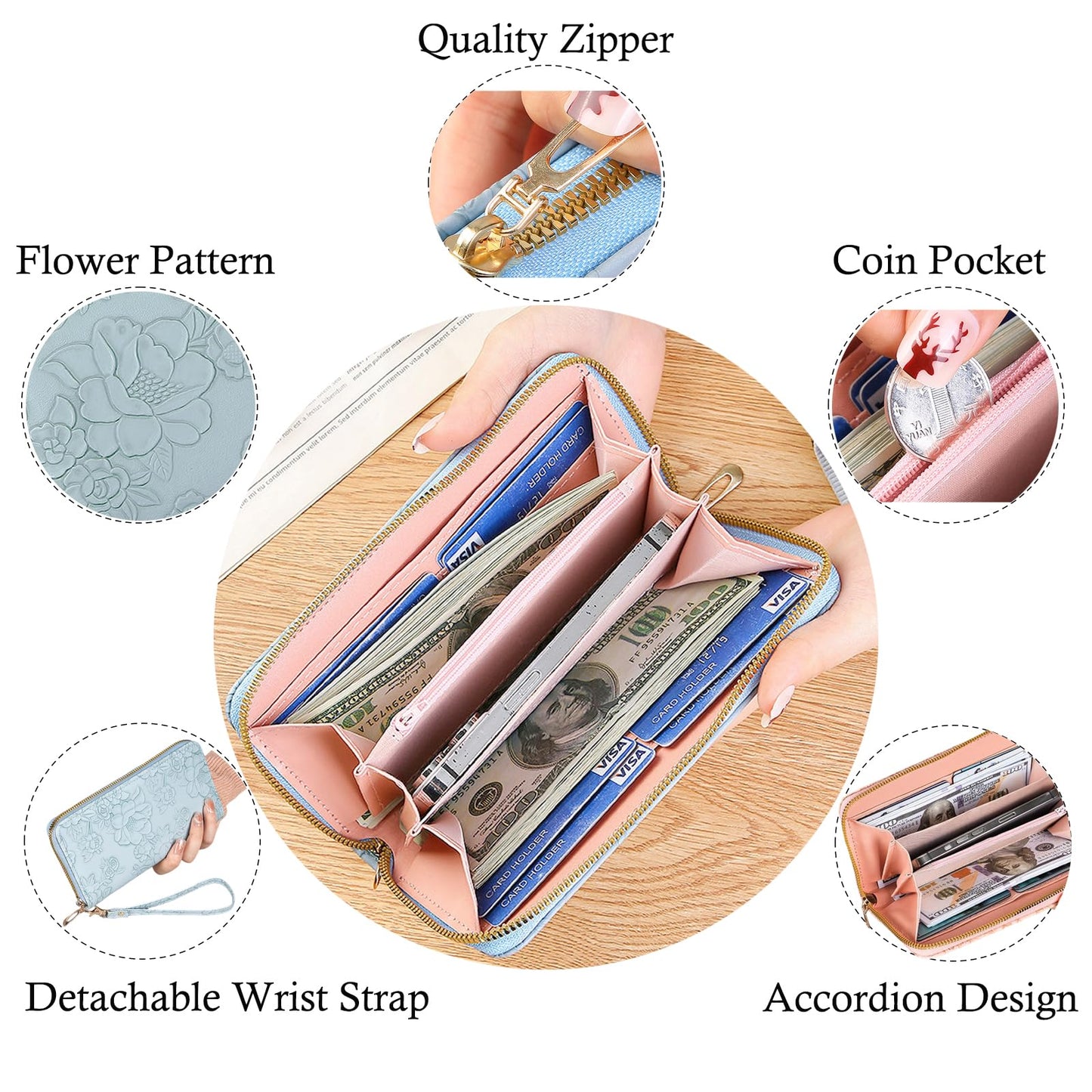 Bakurok Womens Wallet RFID Wristlet Wallet for Women Cute Floral Leather Credit Card Holder Wallet Ladies Clutch Long Purses