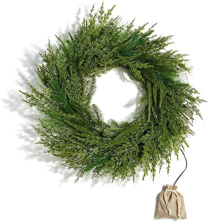 LampLust Winter Wreaths for Front Door Outside, 24 Inch Alpine Fir, Hemlock & Cypress Evergreen Wreath, 100 LED Lights, Battery Powered, Timer, Farmhouse Wreath Year Round, Winter Wreaths for Indoors