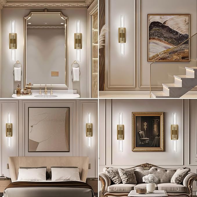 Brass and Glass Wall Sconces, 22.8" Vanity Lights for Bathroom 2 Lights, Horizontal or Vertical Linear Gold Wall Lamp, Indoor Sconces Wall Lighting, Tube Sconce for Living Room, Hallway