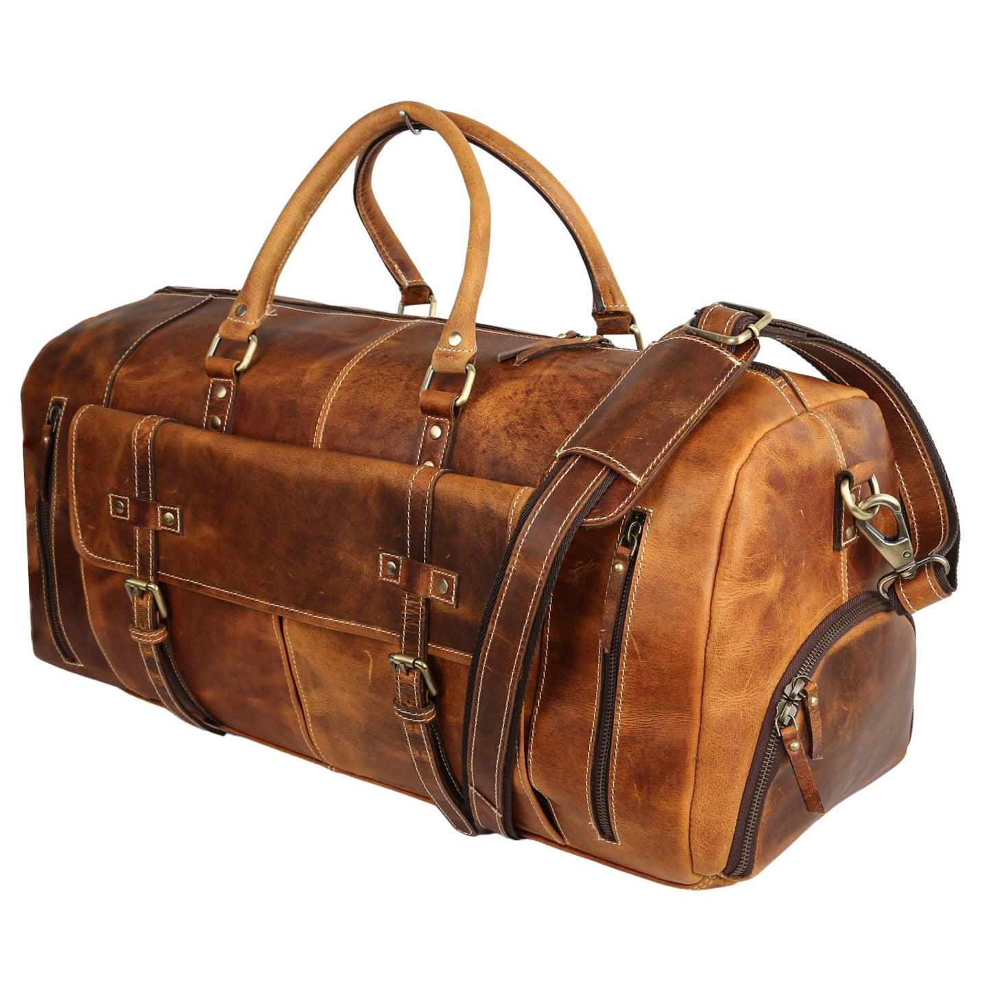 KomalC Leather Duffle Bags for Men and Women Travel Overnight Weekend sports bag holdall Gym Duffel for Men (Distressed Tan, 28 Inch)