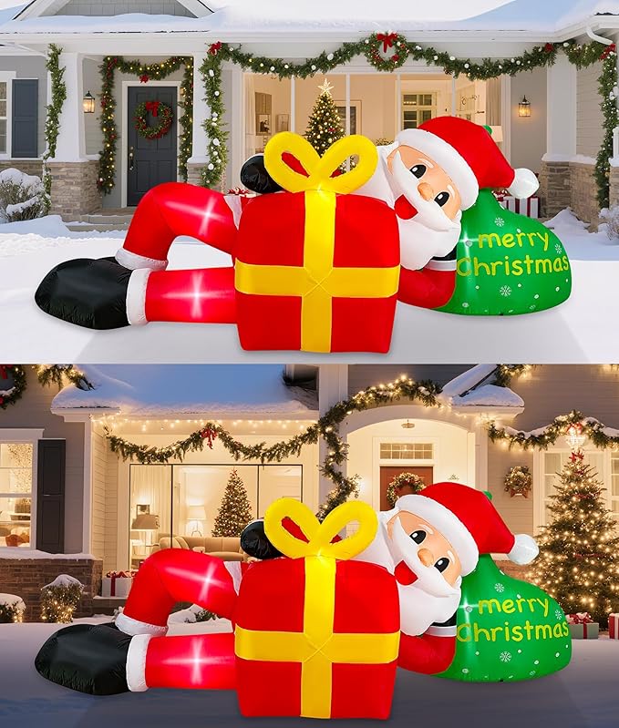 EAONE 12FT Giant Christmas Inflatable Santa Claus Lying for Outdoor Decoration, Christmas Blow Ups Yard Decoration Santa Claus & Gift Bags with Lights for Garden, Lawn, Home Xmas Holiday Season Decor