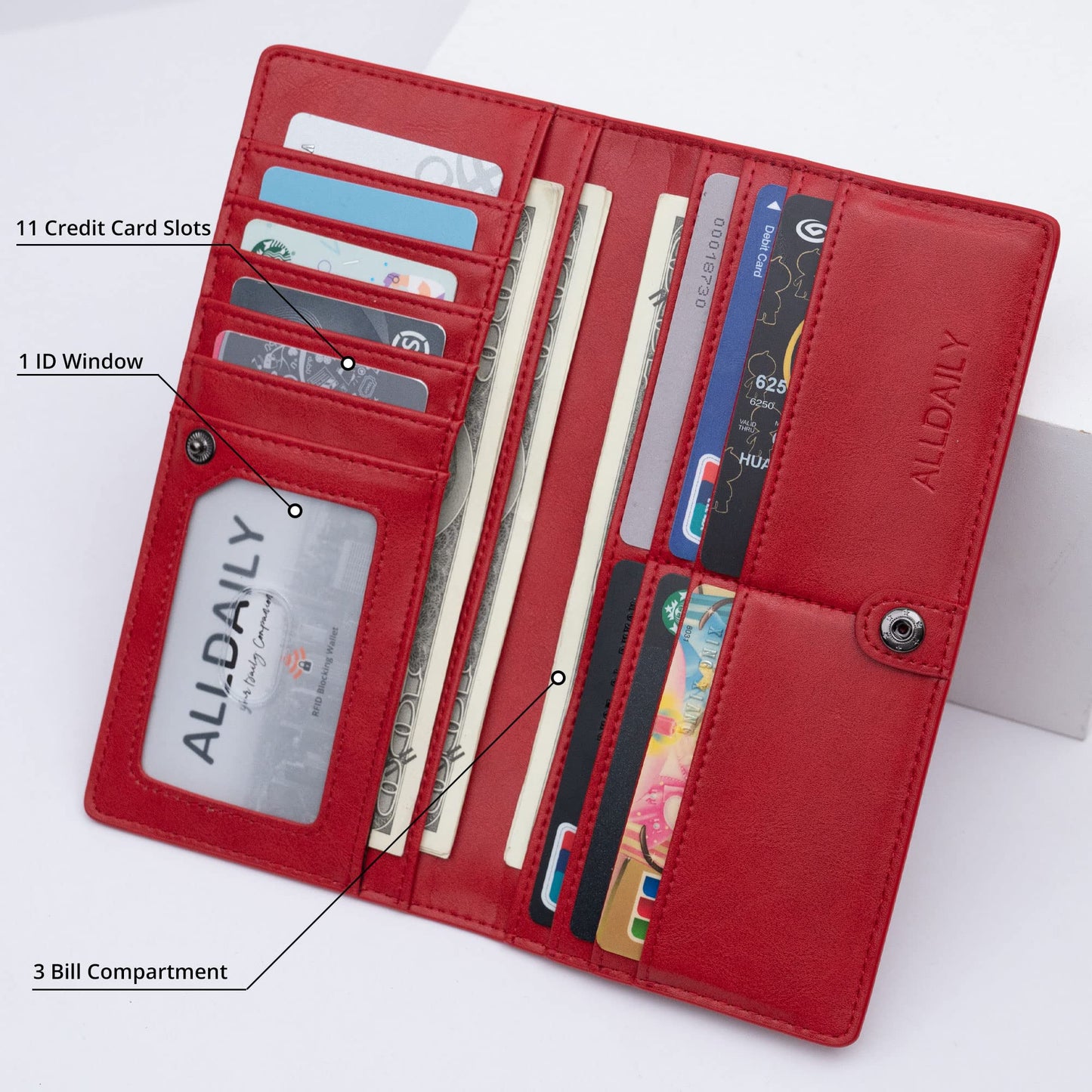 Alldaily Ultra Slim Thin Women Wallet RFID Blocking Credit Card Holder Bifold Long Ladies Billfold (Red)
