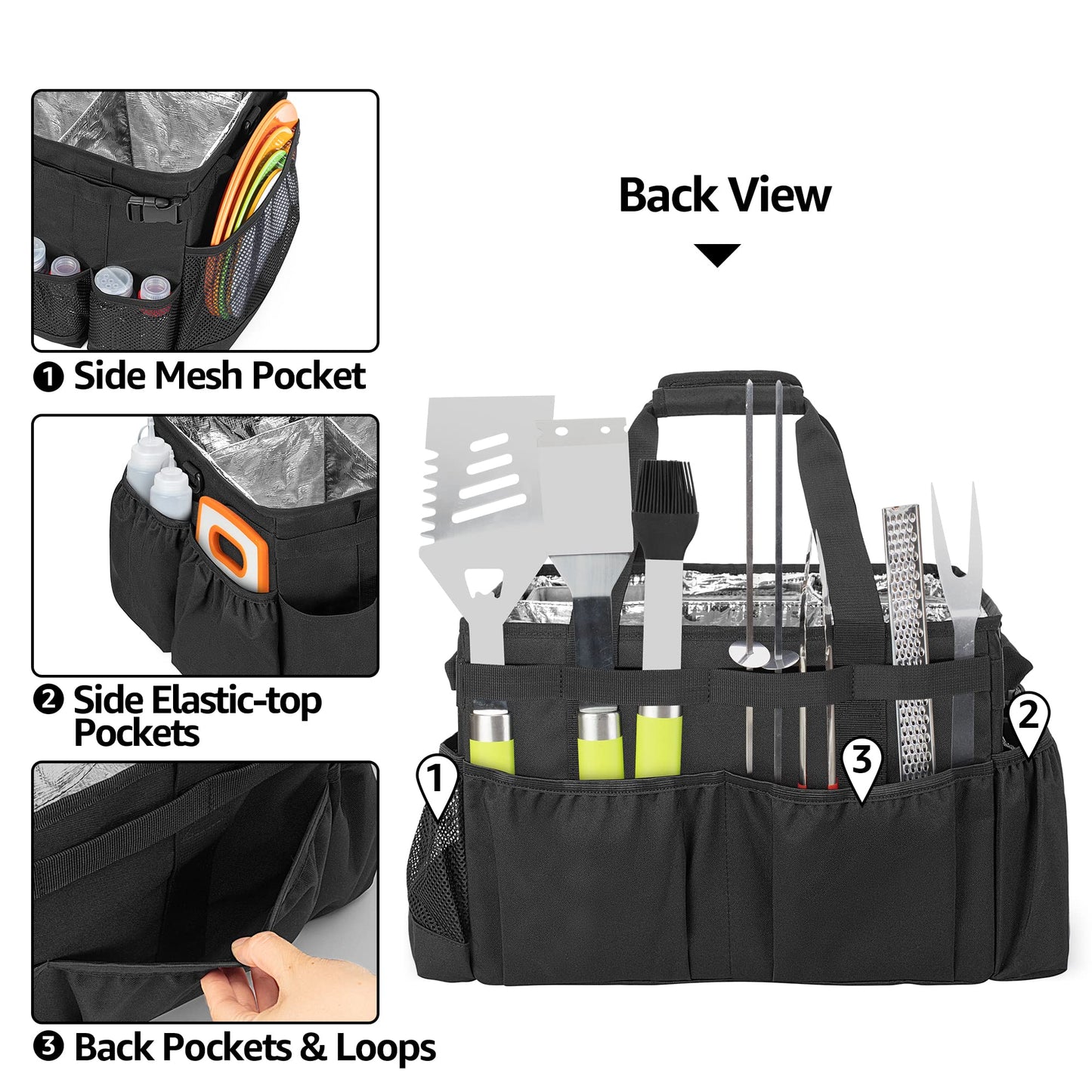 HODRANT Large Grill Utensil Caddy with Paper Towel Holder, Outdoor Picnic Bag Organizer for BBQ Supplies Tool, Tailgating Accessory Basket Camping Gear Must Haves for Cook Essentials, Black, Bag Only