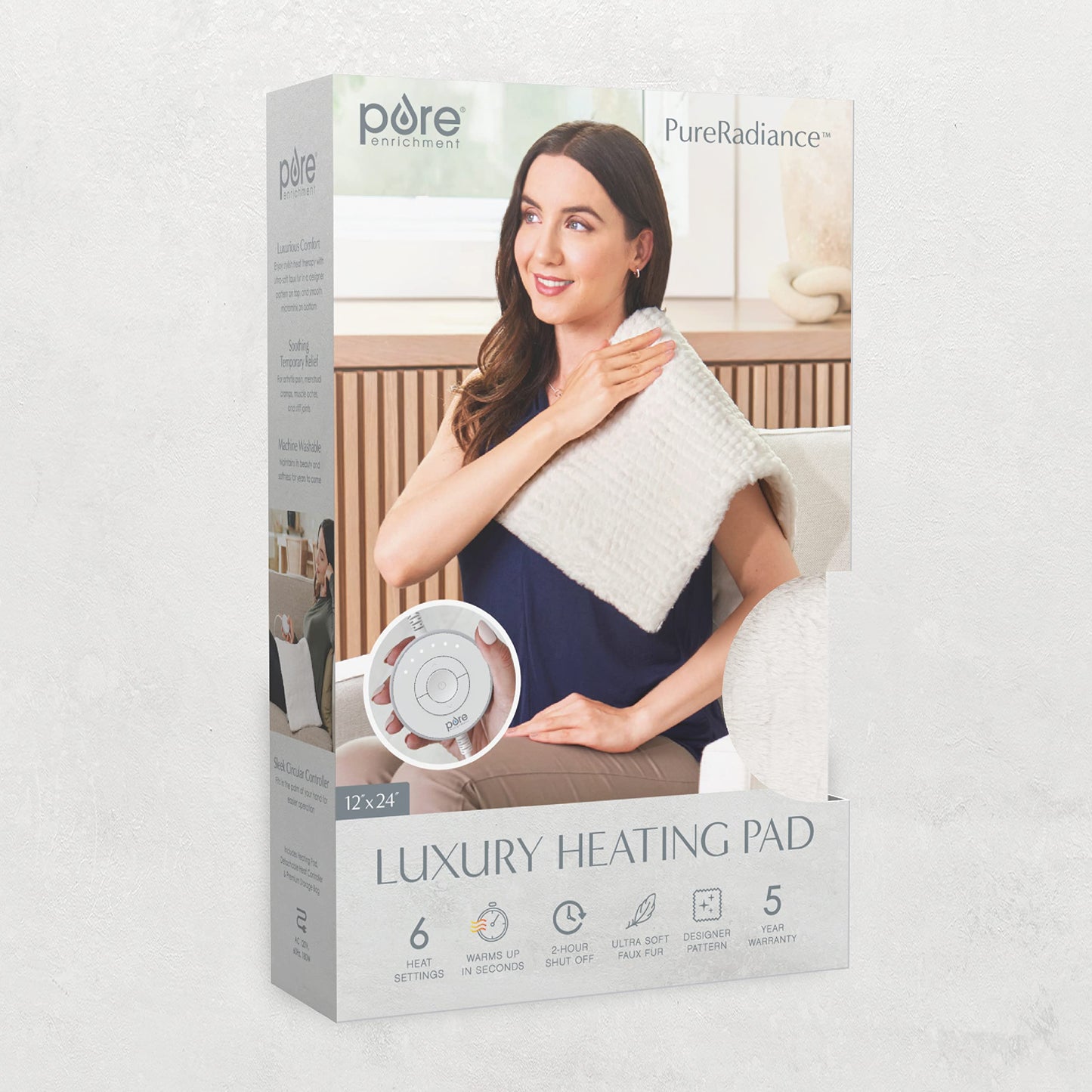 Pure Enrichment PureRadiance Luxury Heating Pad for Cramps, Back, Neck, & Shoulder Pain Relief, Patented Design, Soft Faux Fur & Micromink, 6 Heat Settings, Machine Washable, 12”x24”(Cloud)