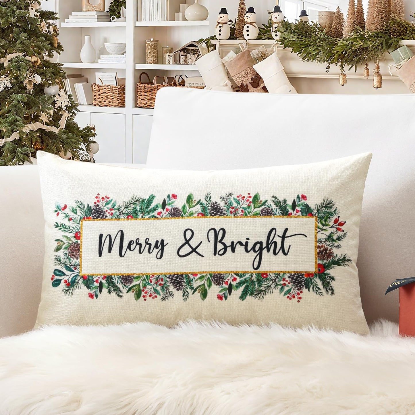 OTOSTAR Merry Bright Christmas Decor Pillow Cover 12x20 Inch Lumbar Decorative Throw Pillow Case Eucalyptus Mistletoe Winter Holiday Rectangle Cushion Cover for Couch Bed Sofa Decor (Merry & Bright)