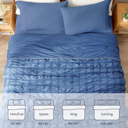 Cozy Bliss Cooling Comforter Seersucker Plaid Twin, Q-Max 0.4 Reversible Lightweight Cooling Blanket, Breathable Silk Smooth Summer Bedding Quilt for Hot Sleepers Night Sweats Denim Blue