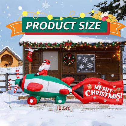 10.5FT Christmas Inflatables Santa on Airplane with Rotating Propeller & LED Lights, Blow Up Outdoor Indoor Decor for Christmas Yard Garden Party