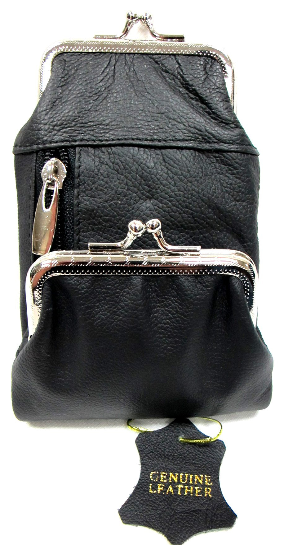 Deluxe Genuine Leather Cigarette and Lighter Case with Zipper Pocket Twist Clasp Kiss Lock Closure Fit 100's - Black