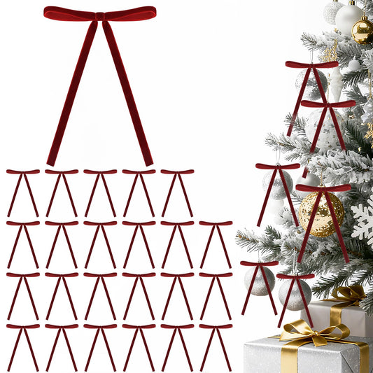 24 PCS Burgundy Velvet Christmas Ornaments, Pre-Tied Vintage Velvet Bows for Christmas Tree, Garland and Fireplace Décor, 5x7 Inch Elegant Ribbon Bows for Gifts, Indoor Holiday Decorations (3/8")