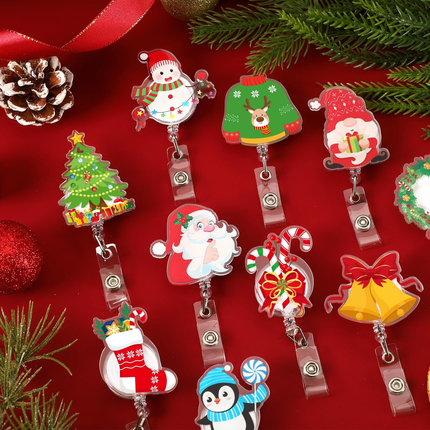 Jansun Christmas Badge Reel 12 Pcs Nurse Badge Reel Name Badge Clips Retractable Christmas Badge Holder Acrylic Santa Snowman Garland Gingerbread Man for Nurses Students (12 Styles) ﻿