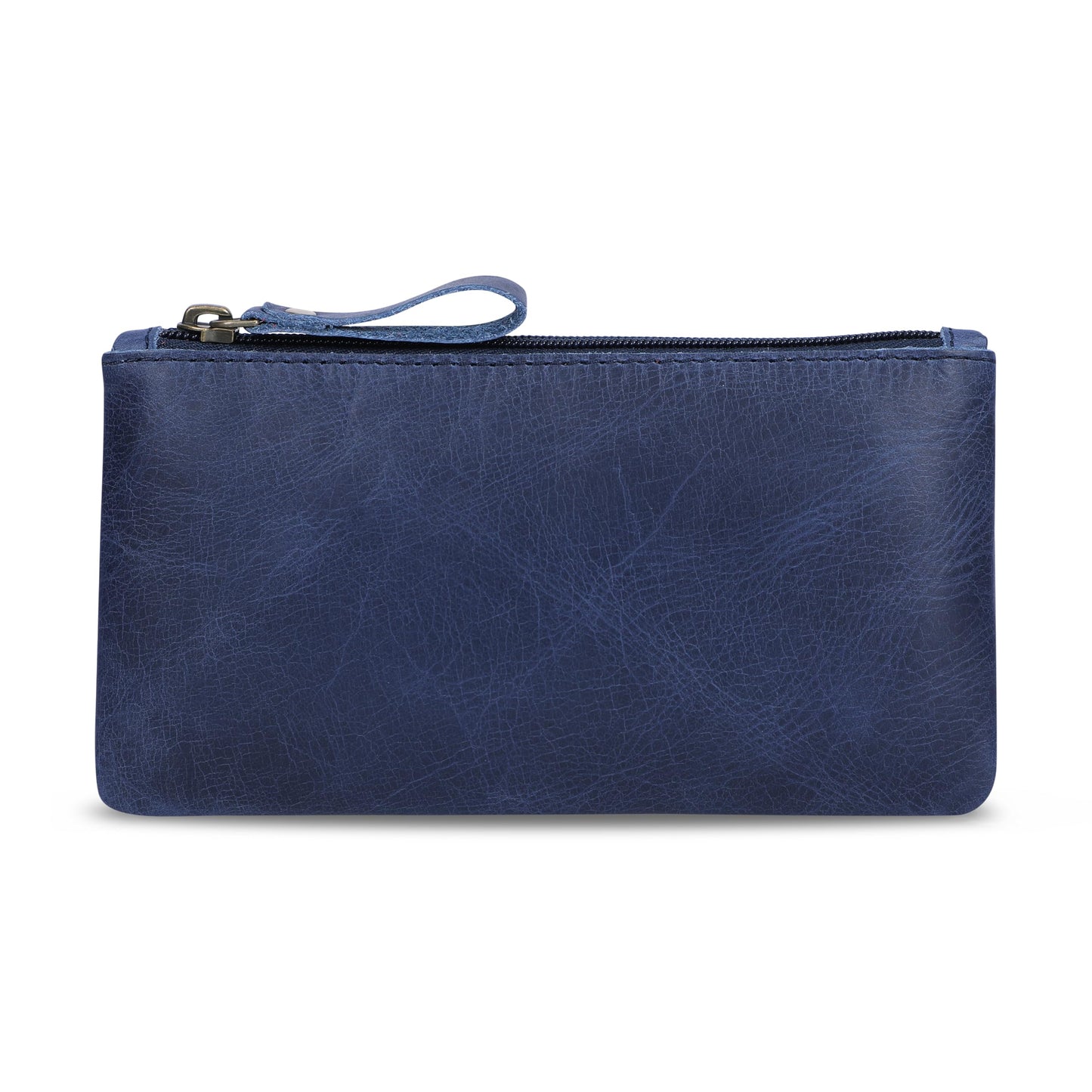 TheAntiq Blue Leather Pencil Pouch with Zipper - Slim Pen Holder (8" x 4" Inches), Coin Pouch & Cash Holder, Genuine Leather Pencil Case, Money Organizer, Multipurpose Accessory Case for Men & Women