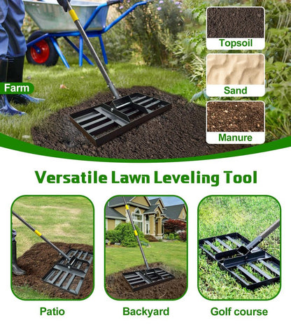 Lawn Leveling Rake 17x10 Inch , Heavy-Duty Yard Leveling Rake 6.2FT Leveler Tool for Soil, Sand & Topsoil, Backyard, Garden, Golf Course