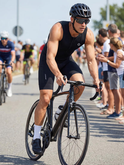 Men's Triathlon Suit Sleeveless One-Piece Trisuit for Swim Bike Run, Aero Fit, Race & Training Suit, 2 Mesh Pockets Black