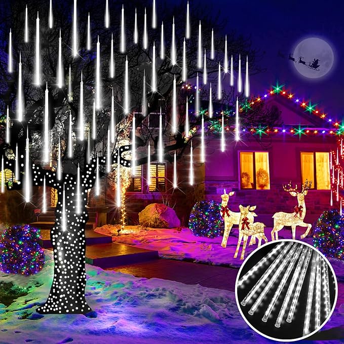 KNONEW 2Pack Total 48 Tube Meteor Shower Lights,15 in 672 LEDs Christmas Lights Outdoor Waterproof Plug in Falling Rain Light for Xmas Tree Wedding Party Garden Holiday Decorations (Cool White)