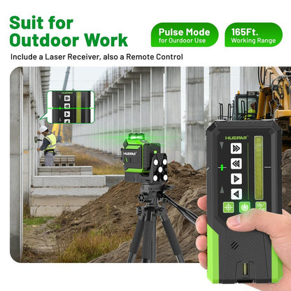 Huepar Laser Level 360 Self Leveling Outdoor with Fixed-Point Pivot Alignment Adjustment, 1/13"Precision Lazer Leveler with Pulse Mode, Adjustable Brightness, Remote Control Receiver, Solo Projects