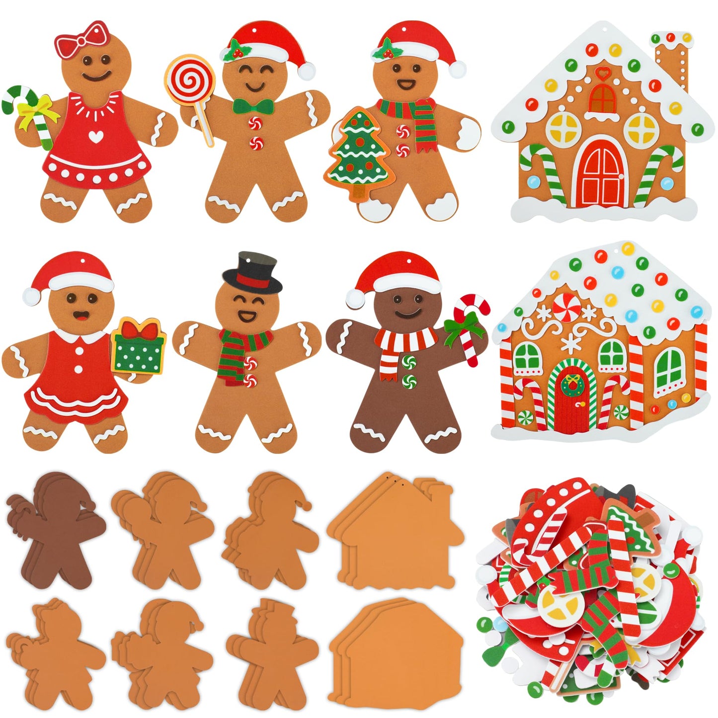 24 Sets Gingerbread Foam Craft Kit DIY Christmas Arts and Crafts for Kids Make Your Own Gingerbread Man and House Ornaments with Self Adhesive Sticker for Xmas Tree Holiday Home Classroom Party Decor
