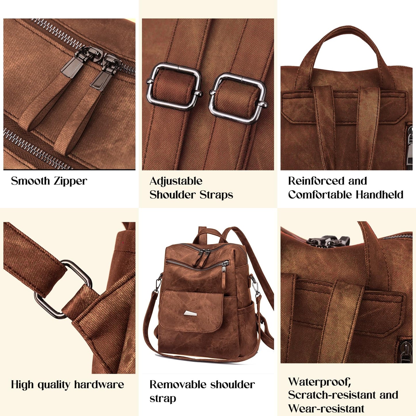 ROOSALANCE Backpack Purse for Women, Women Backpack Purse Small Leather Waterproof Anti-theft Shoulder Bags Handbags, Fashion Ladies Backpack for Daily Travel Work (Caramel)