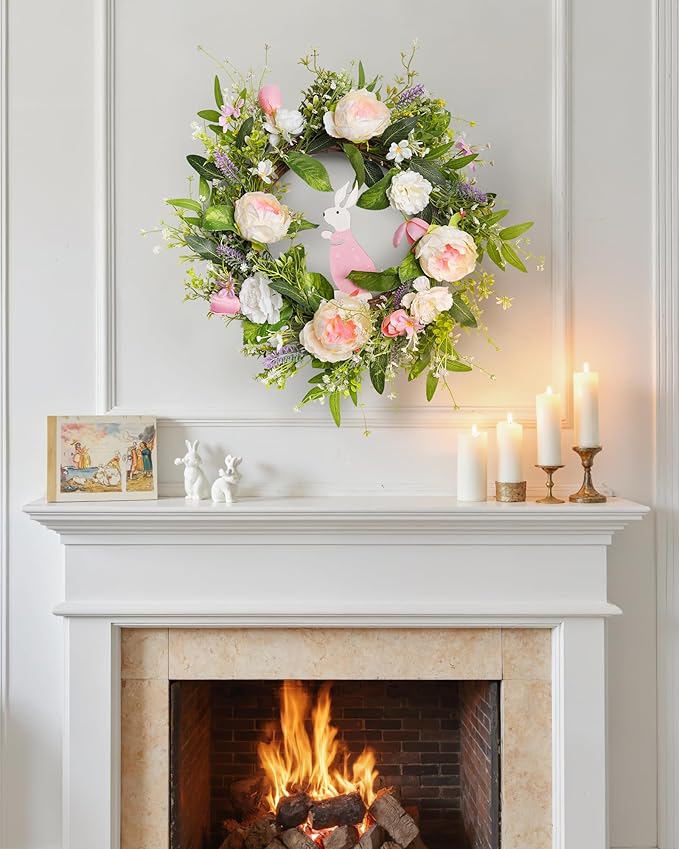 Spring Door Wreath for Front Door with Hook 20-22”, Artificial Spring Door Wreath with White & Pink Peony Lavender Rabbit Wood Sign, Summer Wreaths for Windows Wall Romantic Home Déco