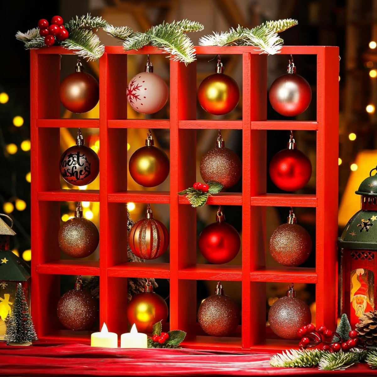 Cinnvoice Christmas Holiday Ornament Displays Rack Wooden Hanging Stand Holder Hanger for Christmas Ball Display Shelf Cabinet for Craft DIY Wall Decorations Gift(Red,16 Compartment)