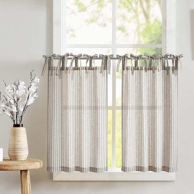 jinchan Tie Top Linen Kitchen Curtains 24 Inch Length Striped Tier Curtains Ticking Stripe Small Drapes for Living Room Bathroom Cafe Small Window Farmhouse Rustic Rod Pocket 2 Panels Taupe Grey