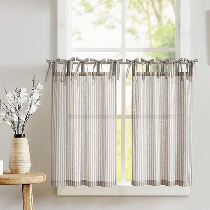 jinchan Tie Top Linen Kitchen Curtains 24 Inch Length Striped Tier Curtains Ticking Stripe Small Drapes for Living Room Bathroom Cafe Small Window Farmhouse Rustic Rod Pocket 2 Panels Taupe Grey