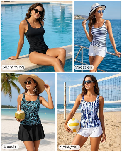 Aqua Eve Tankini Tops for Women Swimwear Top Only Tummy Control Bathing Suit Top No Bottom (Available in Plus) Black Flower L