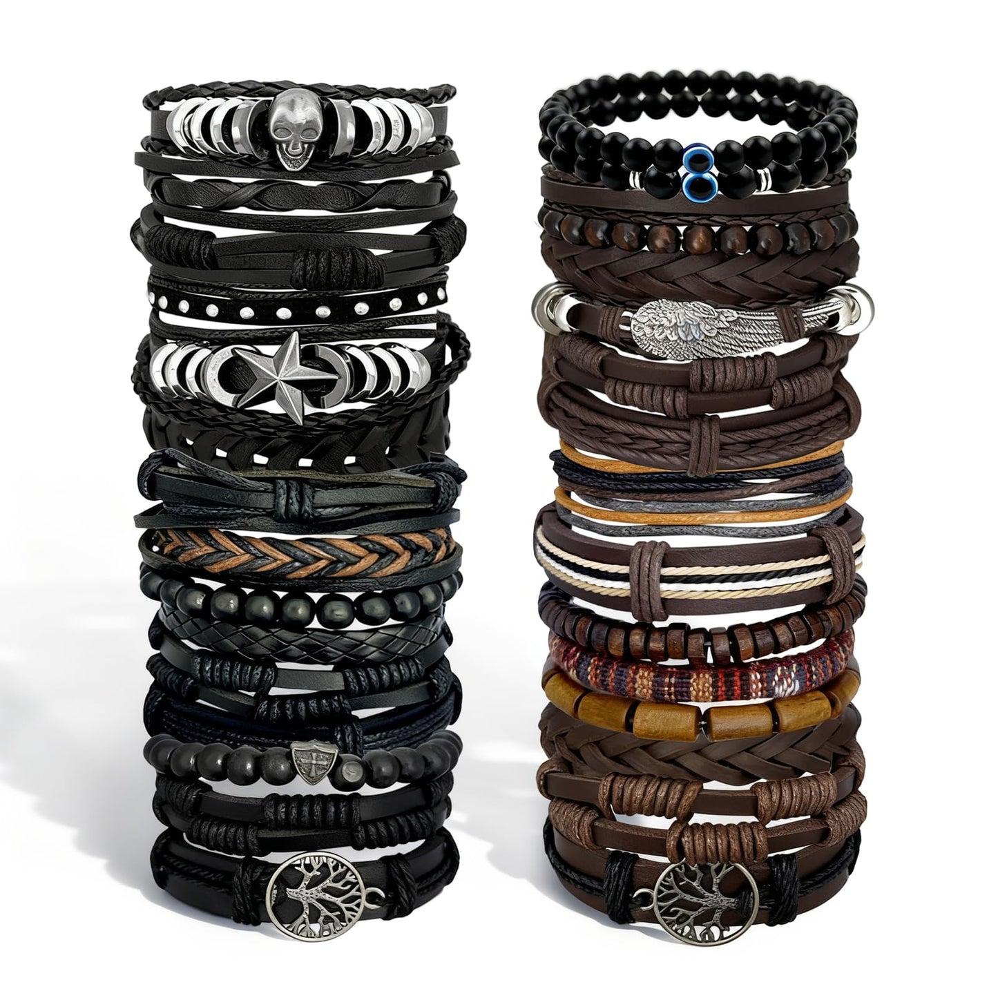 Zobnexts 31Pcs Braided Leather Bracelets for Men Women Punk Wrap Wood Beads Bracelets Adjustable Hemp Cords Ethnic Tribal Handmade Wrap Wristband Punk Gothic Evil Eye Skull Skeleton Bracelet