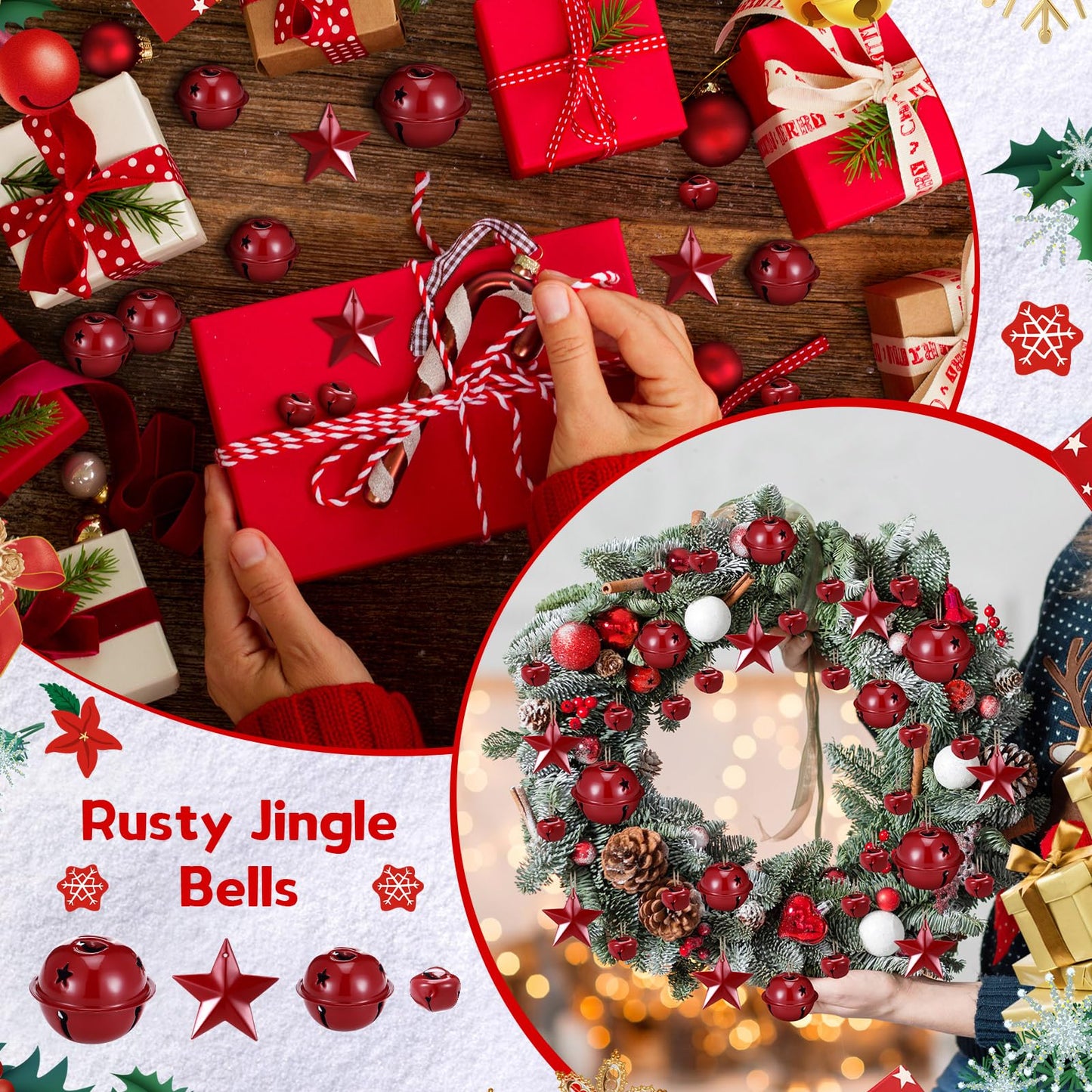 Dilunave 140 Pieces Rustic Christmas Bell Set, Includes 100 Small Rustic Jingle 20 Star Cutout Bells 20 Metal Star Hanging Ornament for Christmas Tree Home Decor DIY Craft(Dark Red)