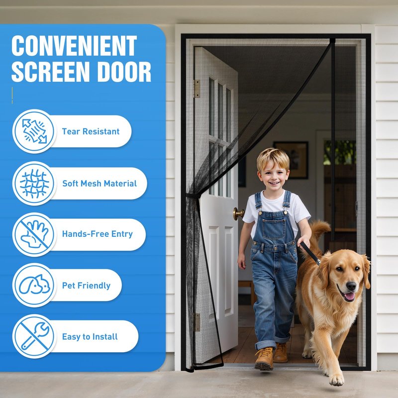 TasticTotes Magnetic Screen Door Mesh - Reversible Left & Right Opening with Magnetic Closure, Keep Buzz Out, Enjoy Fresh Air, Hands Free for Families & Pets (34" x 81", Fit Door Size 32" x 80")