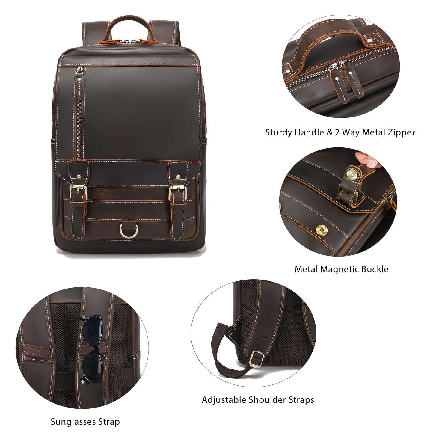 LANNSYNE Vintage Genuine Leather Backpack For Men Fits up to 16" Laptop Travel Hiking Rucksack