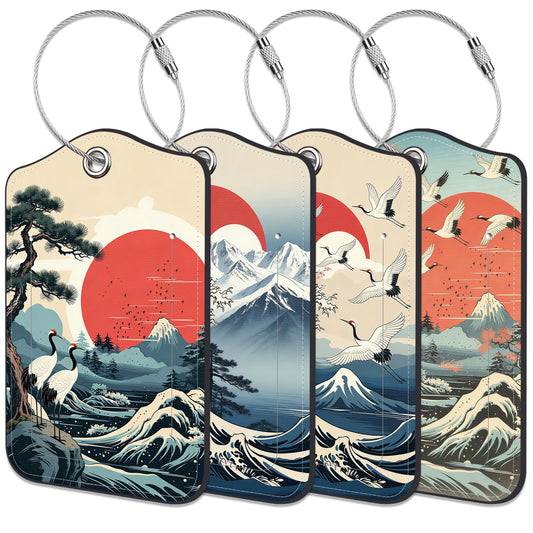 Japanese Mountain Moon Sea Waves Luggage Tags 4 Pack Luggage Tags for Suitcases PU Leather Suitcase Tags with Privacy Cover ID Label and Stainless Steel Loop for Luggage Tag for Women Men