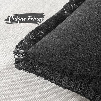 MIULEE Decorative Throw Pillow Covers Neutral Linen Fringe Throw Pillows Set of 2 Black Boho Farmhouse Cushion Covers with Tassels for Couch Sofa Bed Living Room Spring Home Decor 20x20 Inch
