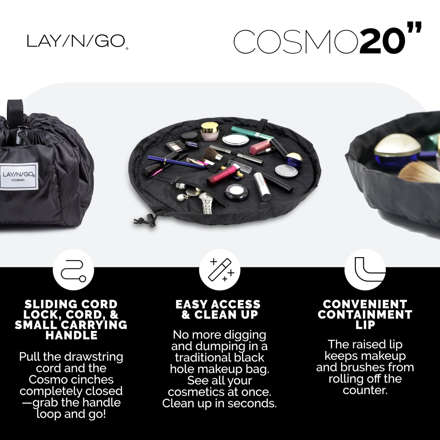Lay-n-Go Cosmo Layflat Drawstring Cosmetic & Makeup Bag Organizer - Portable Drawstring Bag w/Zipper Pocket, Makeup Loops & More - Durable, Machine Washable Toiletry Bag for Travel (20", Black)