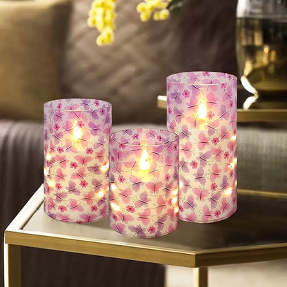 Flickering Flameless CandlesPink Butterfly Print, Embedded Star String Lights, Battery Operated Acrylic LED Pillar Candles with 11-Key Remote and Timer for Home Decoration, 3 Pack