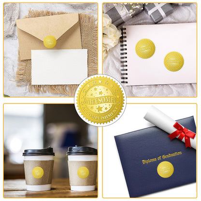 CRASPIRE 408Pcs Awesome Accomplishment Gold Foil Embossed Stickers 2" Planet Self Adhesive Envelopes Seals Round Labels for Wedding Invitation Corporation Graduation Certificates Diplomas Gift Award