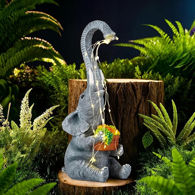 Elephant Garden Statue with Solar Watering Lights, Outdoor Resin Animal Sculpture for Patio, Lawn, Yard – Unique Gift for Women, Mom, Grandma (Grey Succulents)