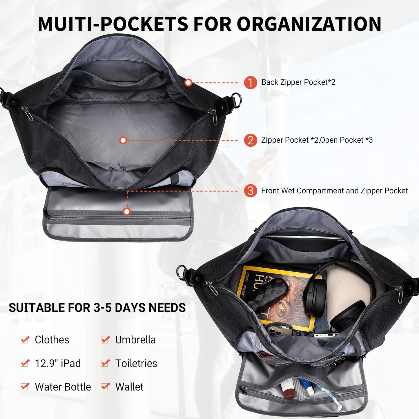 WITZMAN Travel Duffle Bags for Men Weekender Bags with Toiletry Bag Sets Carry On Overnight Bag 55L （B696 Black）