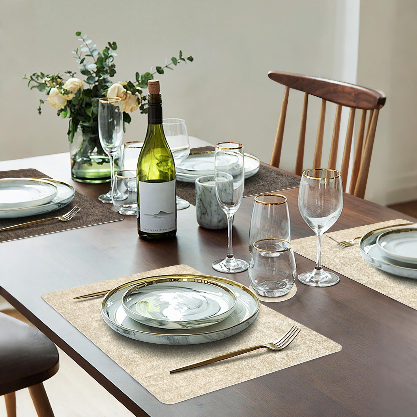 Fyvva Placemats Set of 6, Faux Leather Heat Resistant Wipeable Placemats, Dual Sided Waterproof Washable Table Mats with Coaster, Suitable for Kitchen, Dining, Table Decor (6, Beige Dark Coffee)