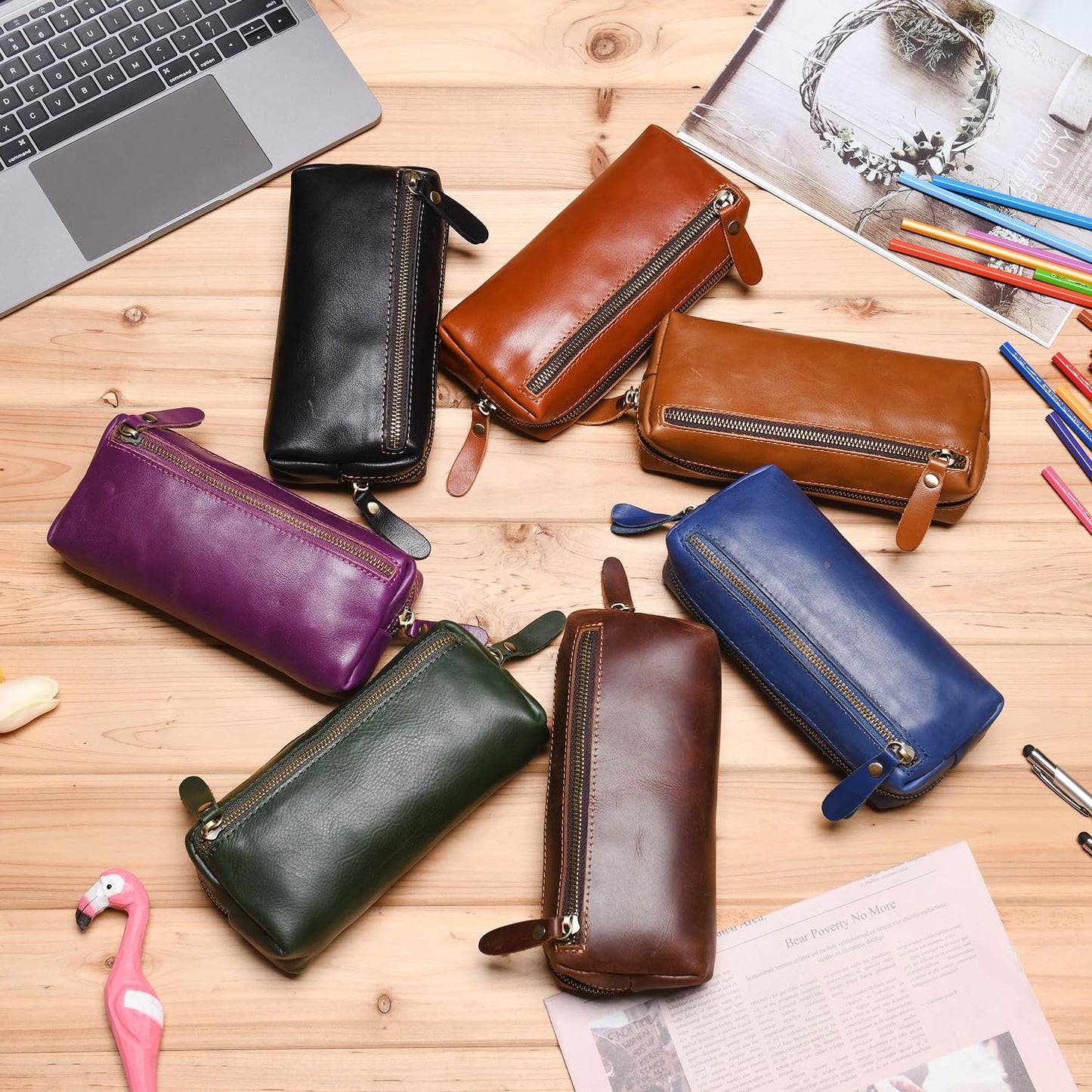 WONDERPOOL Pen Case Real Leather Pencil Pouch Markers Holder Big Capacity Bag with Side Zippered Pocket Sleeve for Stationery Makeup Utensils Organizer (Light brown)