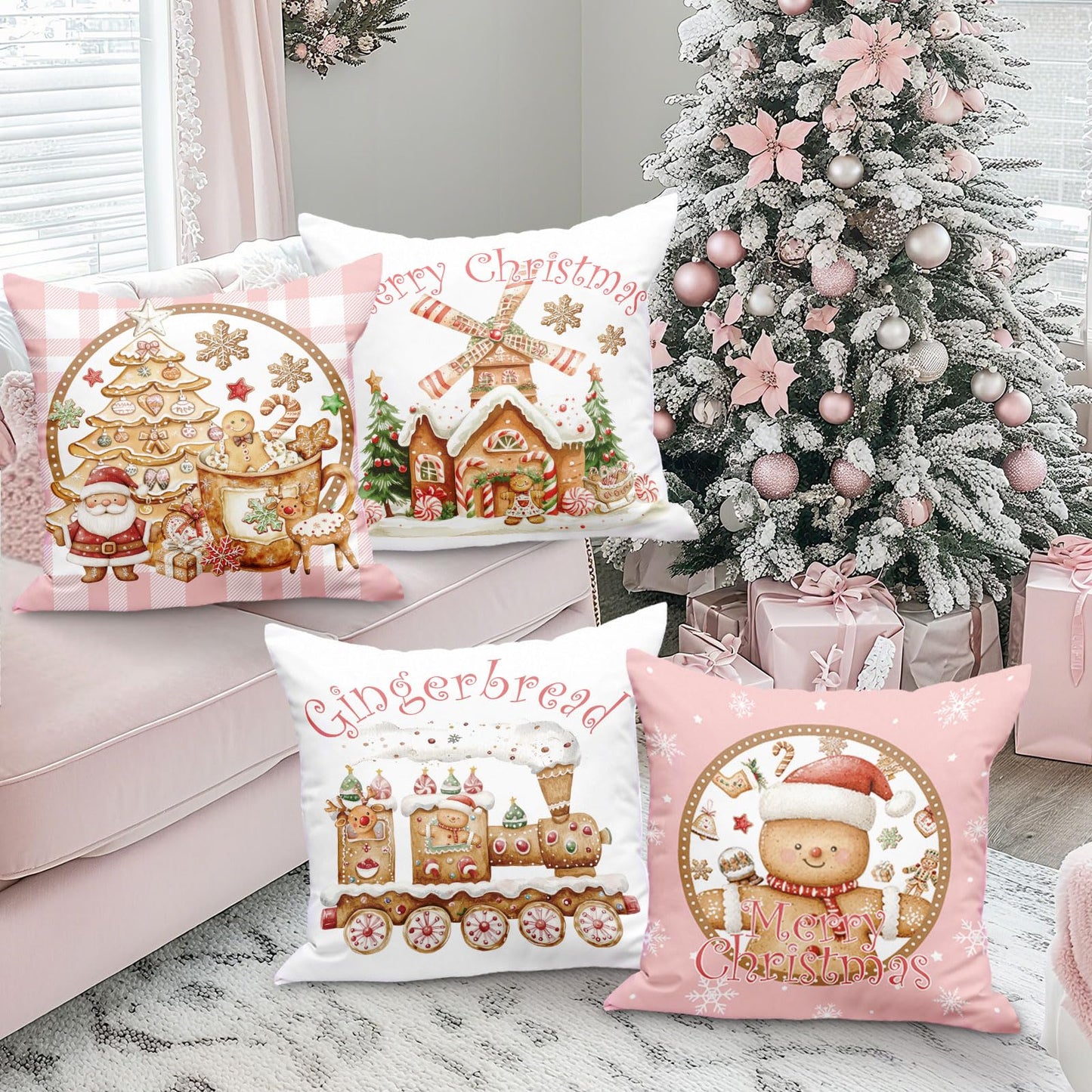 Lanpn Christmas Throw Pillow Covers 18x18 Set of 4, Gingerbread Man House Pillow Covers Christmas Pillowcase Decorative Cushion Cover for Home Bedroom Couch Sofa Decor (Pink)