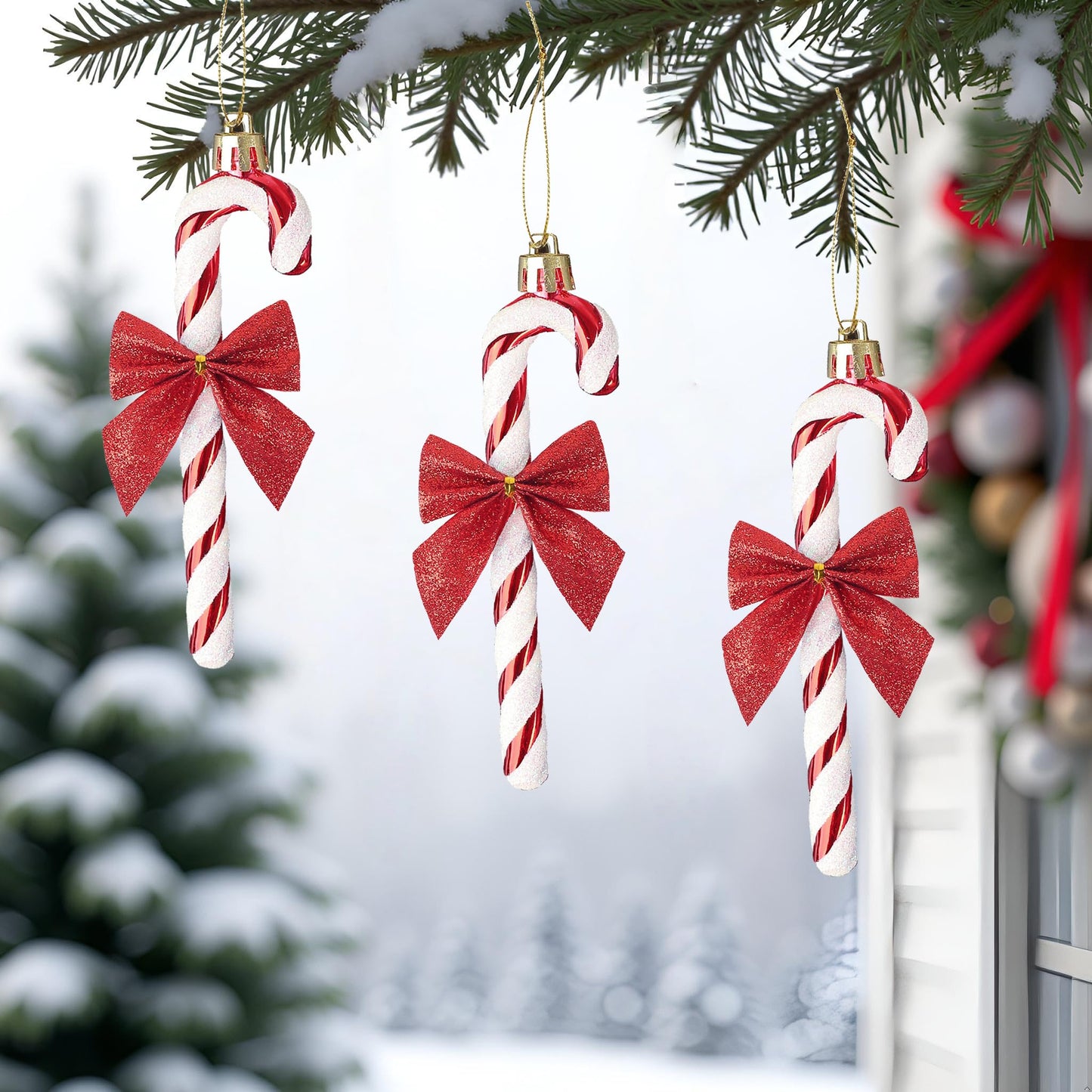 HERZWILD 12Pcs Christmas Glitter Candy Cane with Bow Red Plastic Candy Cane Decoration Christmas Tree Hanging Ornament for Holiday Party Decoration Favor(Red Bow)
