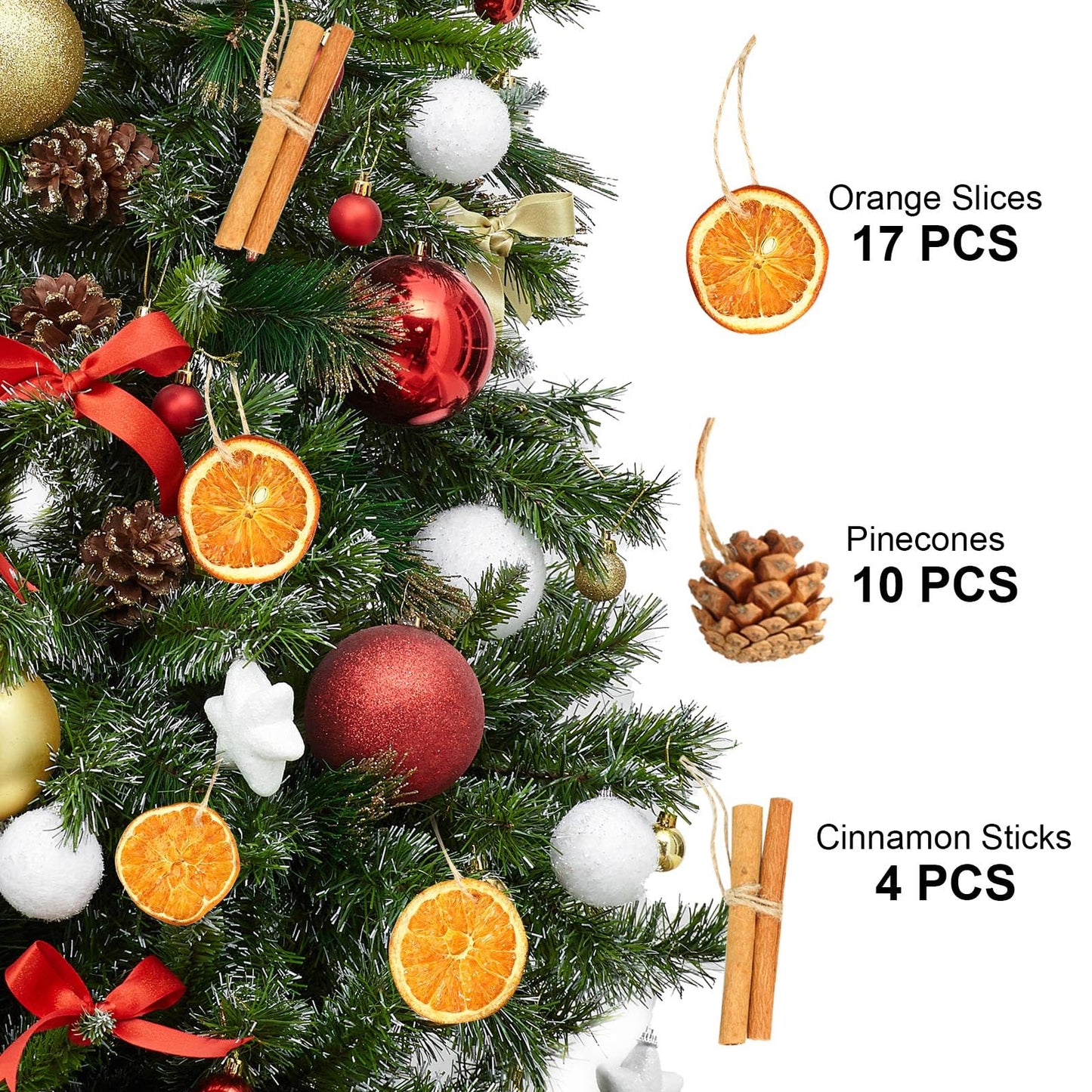 31 Pcs Christmas Ornaments Set, Natural Dried Orange Slices, Cinnamon Sticks and Pinecones, Pre-Tied Jute for Xmas Tree Hanging Decor, Rustic Holiday DIY Crafts